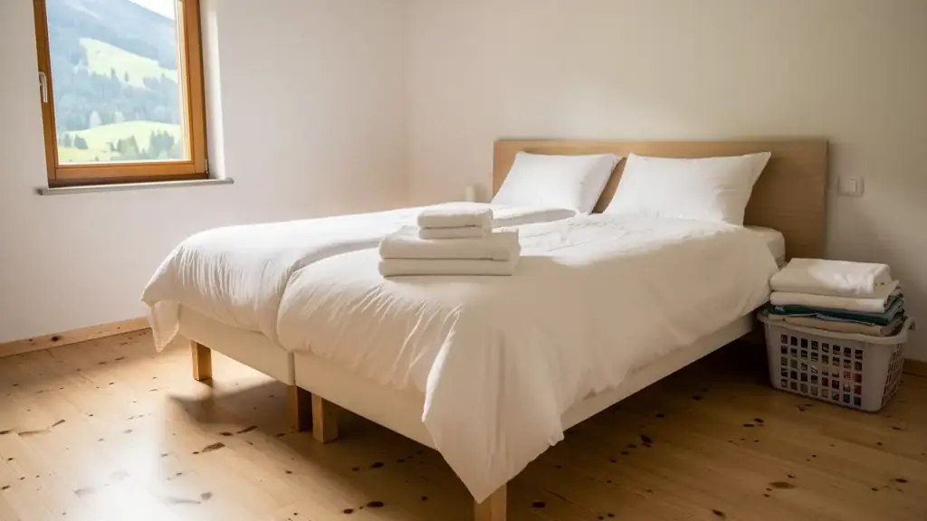 Guest bedroom turned over with crisp white linens and a stack of folded towels